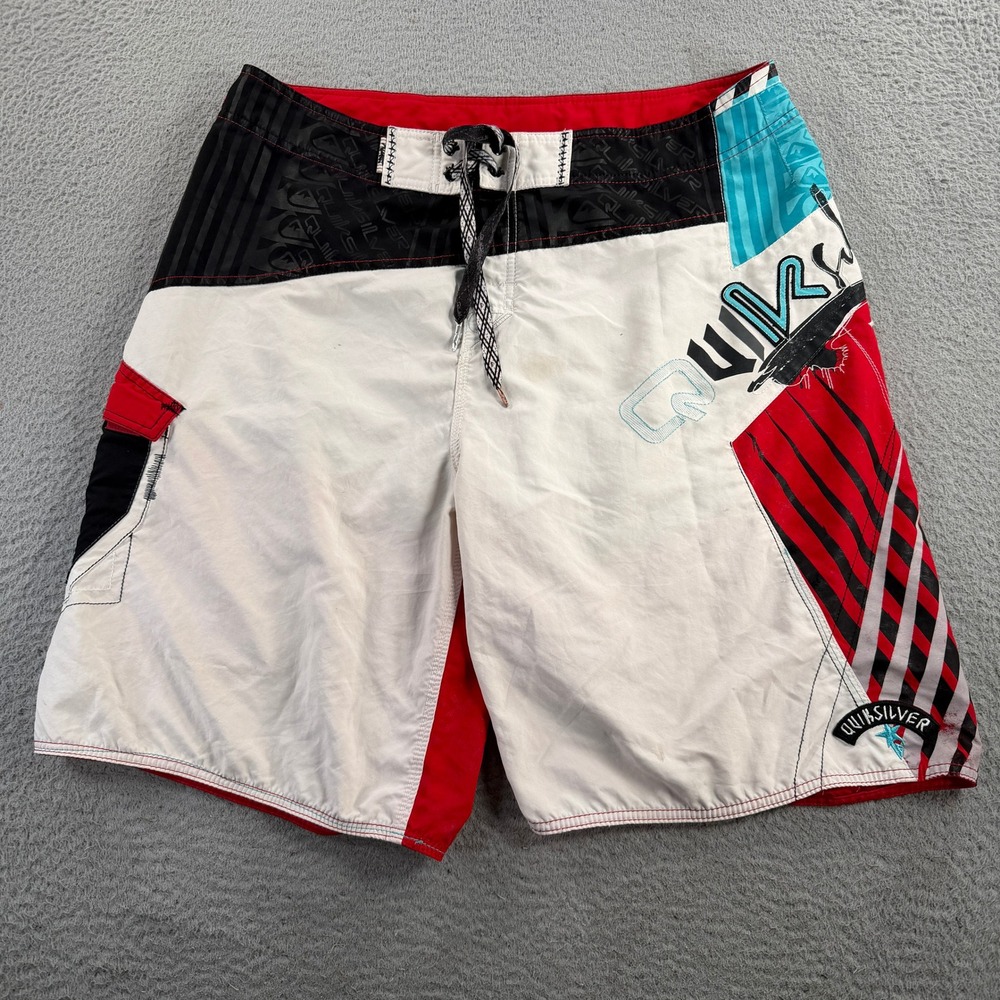 Vintage Quiksilver Board Shorts Mens 36 White Red Black Colorblock Swim Trunks